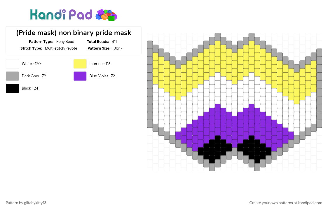 (Pride mask) non binary pride mask - Pony Bead Pattern by glitchykitty13 on Kandi Pad - mask, non binary, pride, yellow