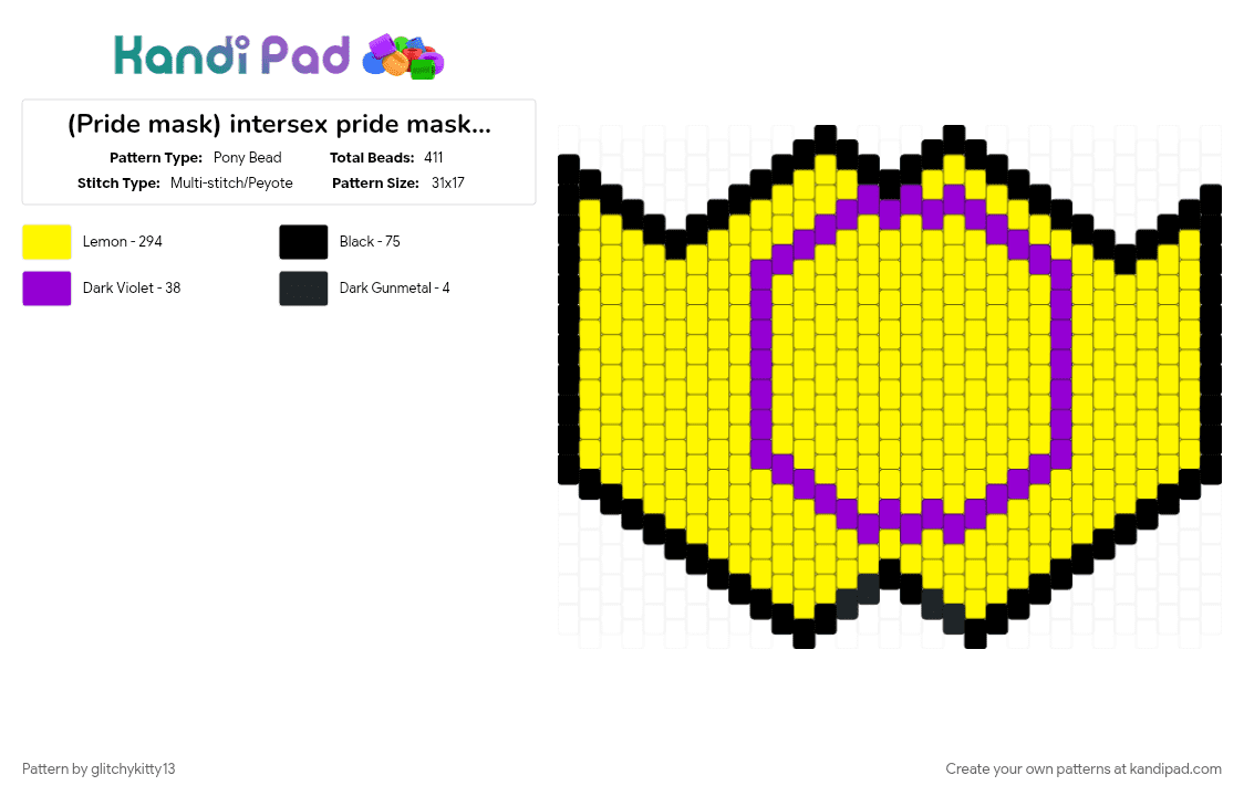 (Pride mask) intersex pride mask (1) - Pony Bead Pattern by glitchykitty13 on Kandi Pad - intersex, mask, pride, purple, yellow