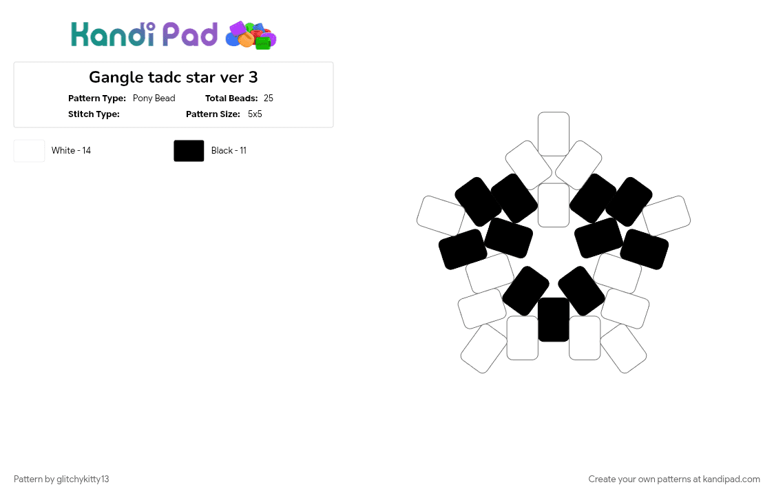 Gangle tadc star ver 3 - Pony Bead Pattern by glitchykitty13 on Kandi Pad - black, charm, gangle, gangle tadc, star, tadc, tadc star, white