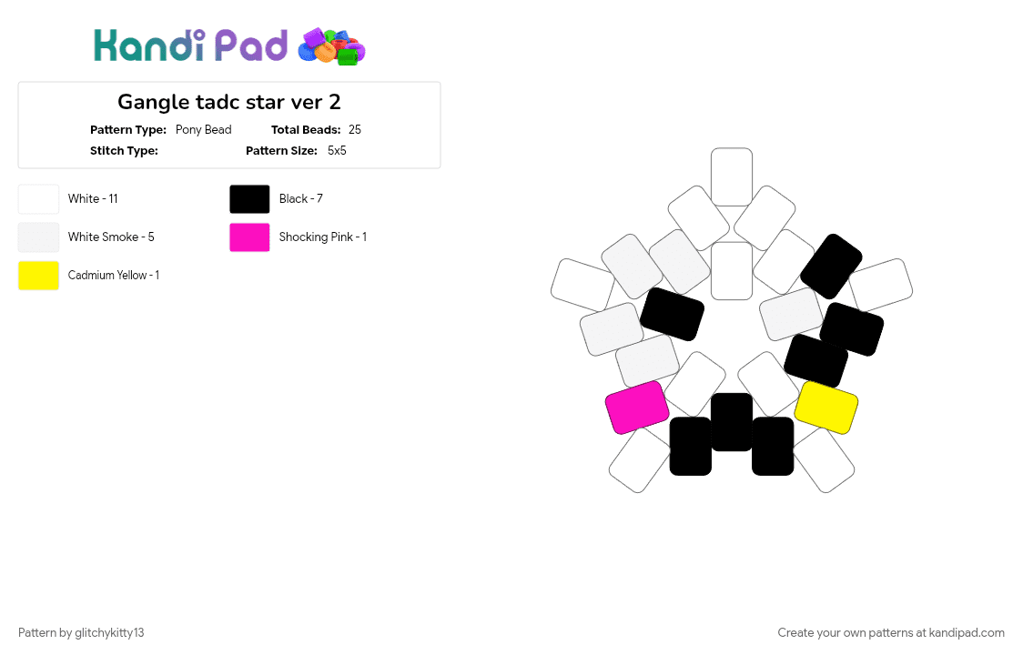 Gangle tadc star ver 2 - Pony Bead Pattern by glitchykitty13 on Kandi Pad - charm, gangle, gangle episode 4, gangle tadc, pink, star, tadc, tadc star, white, yellow