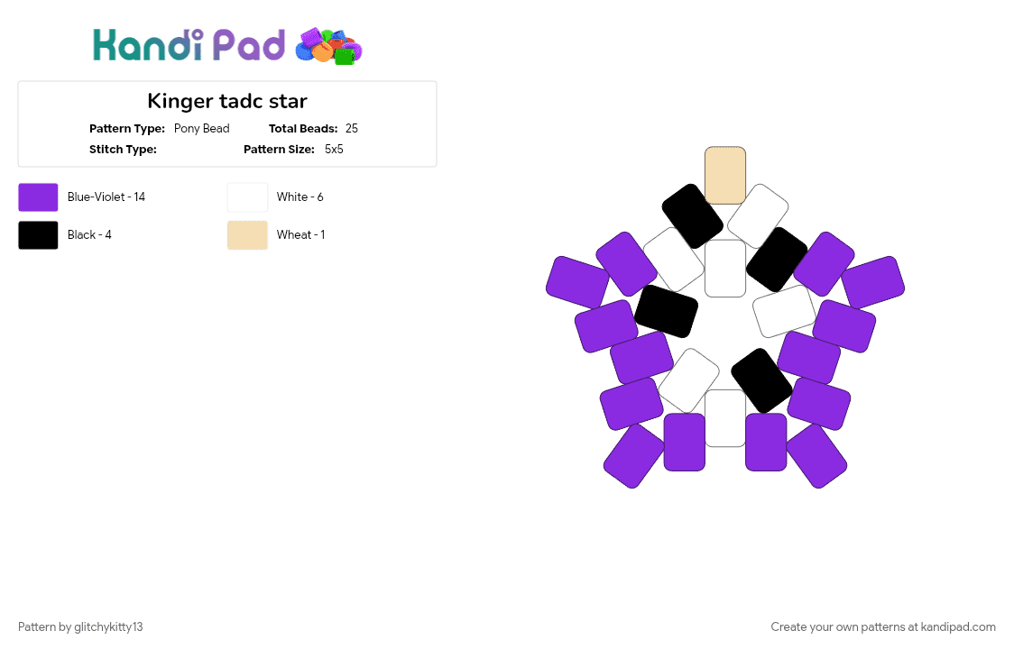 Kinger tadc star - Pony Bead Pattern by glitchykitty13 on Kandi Pad - black and white, kinger, kinger tadc, purple, star, tadc
