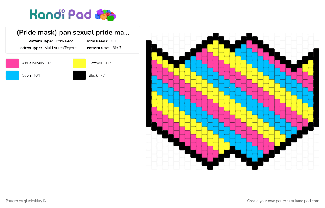 (Pride mask) pan sexual pride mask (2) - Pony Bead Pattern by glitchykitty13 on Kandi Pad - blue, mask, pan sexual, pink, pride, yellow
