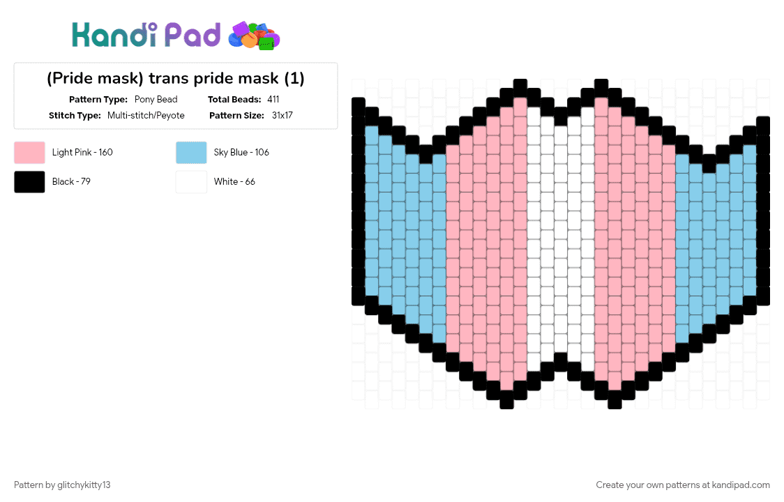 (Pride mask) trans pride mask (1) - Pony Bead Pattern by glitchykitty13 on Kandi Pad - blue, light blue, mask, pink, pride, trans, trans flag, white