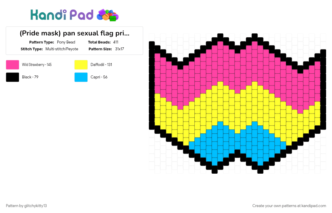 (Pride mask) pan sexual flag pride mask (1) - Pony Bead Pattern by glitchykitty13 on Kandi Pad - flag, mask, pan, pan sexual, pink, pride, yellow