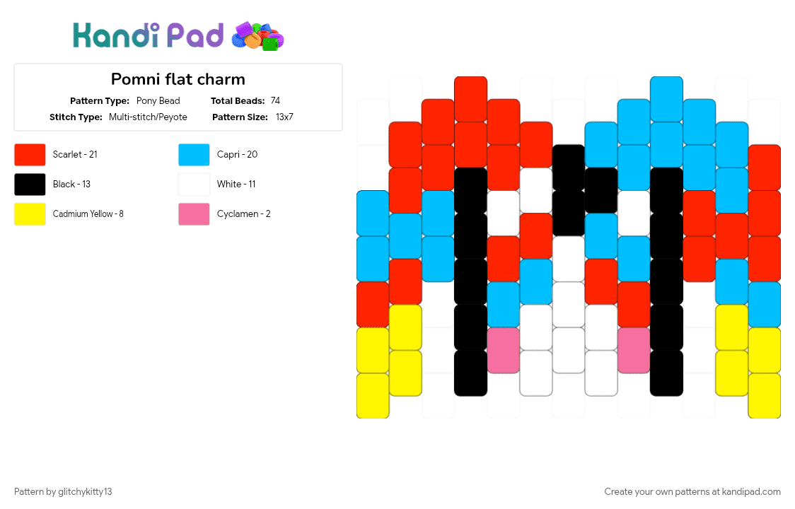 Pomni flat charm - Pony Bead Pattern by glitchykitty13 on Kandi Pad - character, light blue, pomni tadc, red, tadc