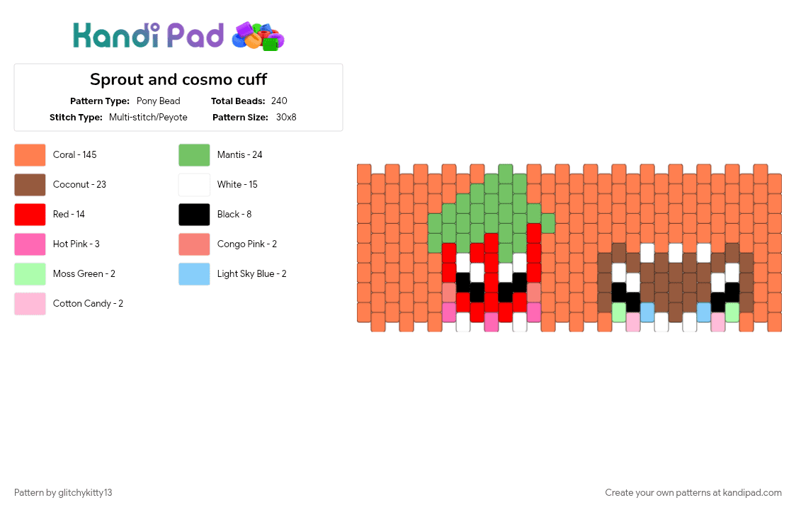Sprout and cosmo cuff - Pony Bead Pattern by glitchykitty13 on Kandi Pad - character, cosmo dandys world, cuff, dandys world, fun, orange, sprout dandys world, video game