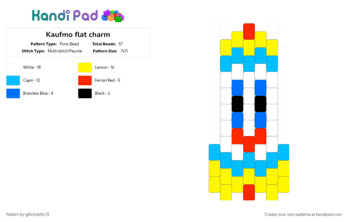Kaufmo flat charm - Pony Bead Pattern by glitchykitty13 on Kandi Pad - character, flat charm, fun, kaufmo, keychain, light blue, tadc, yellow