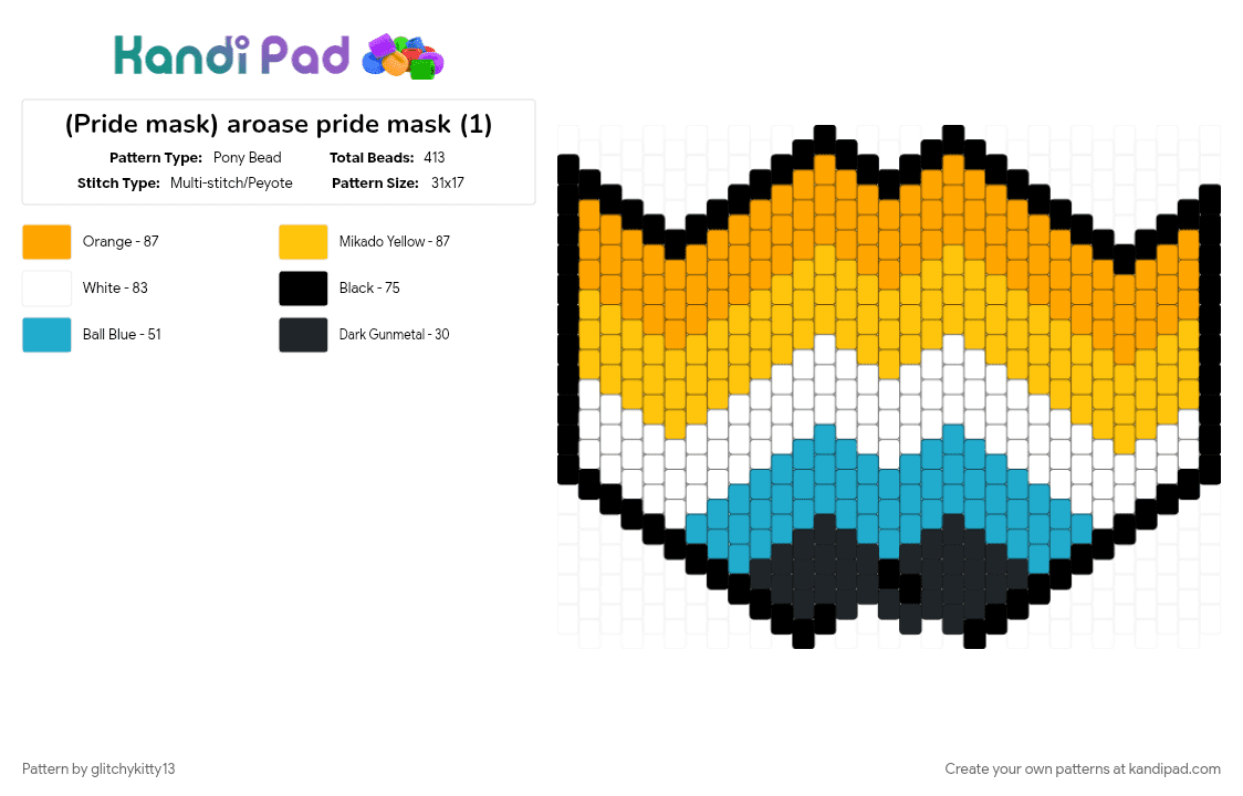 (Pride mask) aroase pride mask (1) - Pony Bead Pattern by glitchykitty13 on Kandi Pad - aroase, mask, orange, pride, yellow