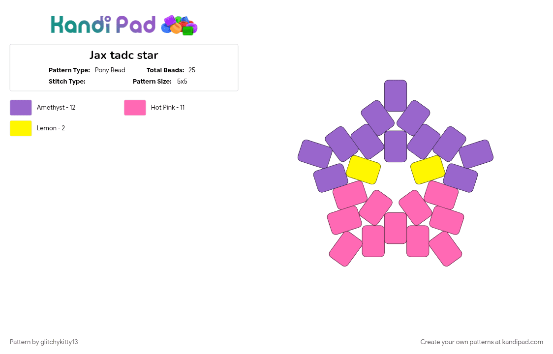 Jax tadc star - Pony Bead Pattern by glitchykitty13 on Kandi Pad - jax, jax tadc, pink, purple, rabbit, star, tadc, yellow