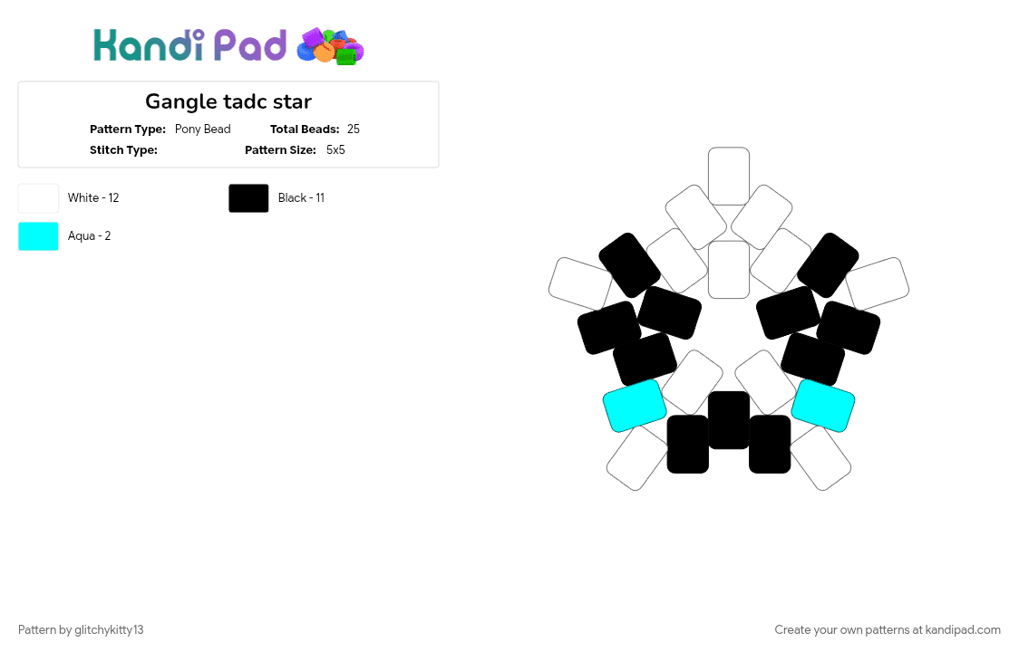 Gangle tadc star ver 1 - Pony Bead Pattern by glitchykitty13 on Kandi Pad - charm, gangle, gangle tadc, star, tadc, tadc star, white