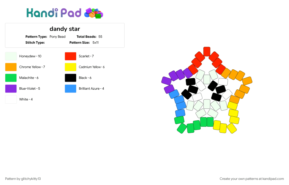 dandy star - Pony Bead Pattern by glitchykitty13 on Kandi Pad - dandys world, flower, orange, rainbow, red, star, teal, yellow