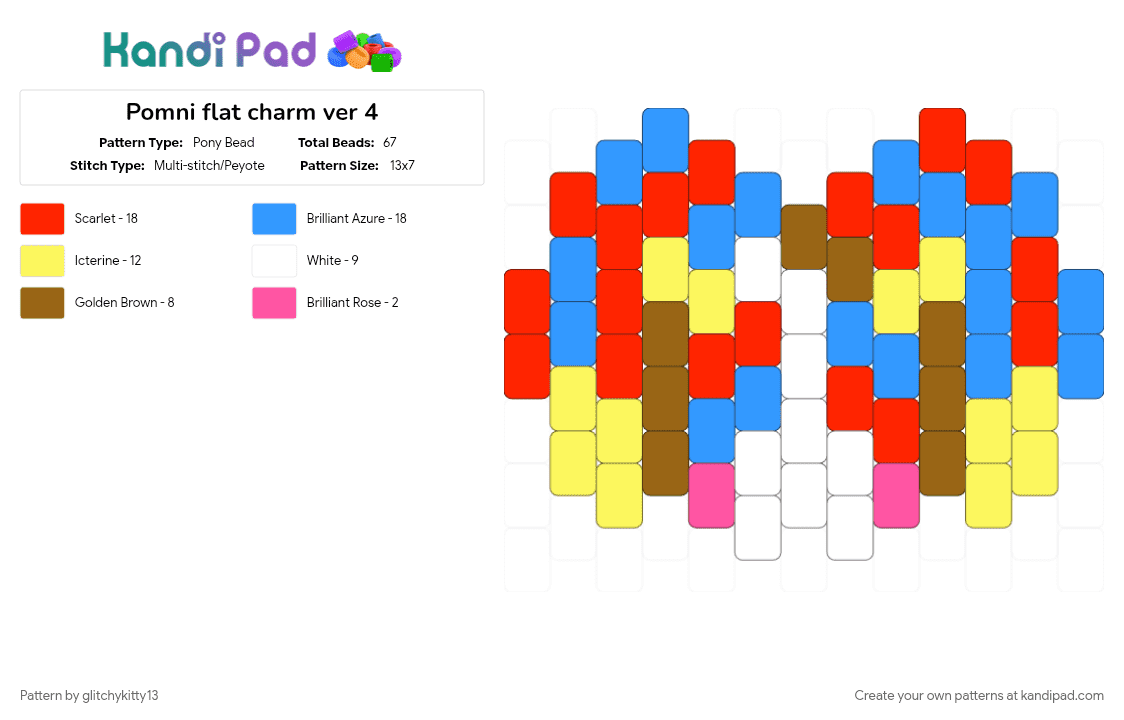 Pomni flat charm ver 4 - Pony Bead Pattern by glitchykitty13 on Kandi Pad - circus, digital circus, flat charm, keychain, light blue, pomni, pomni tadc, red, tadc, the amazing digital circus, yellow