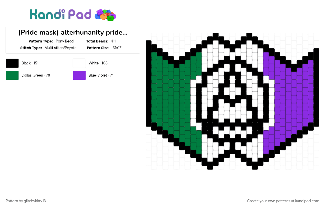 (Pride mask) alterhunanity pride mask (1) - Pony Bead Pattern by glitchykitty13 on Kandi Pad - alterhuman, alterhunanity, fictionkin, green, mask, otherkin, pride, purple, therian
