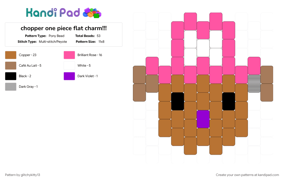 chopper one piece flat charm!!! - Pony Bead Pattern by glitchykitty13 on Kandi Pad - anime, character, characters, charm, chopper one piece, one piece, pink, tan