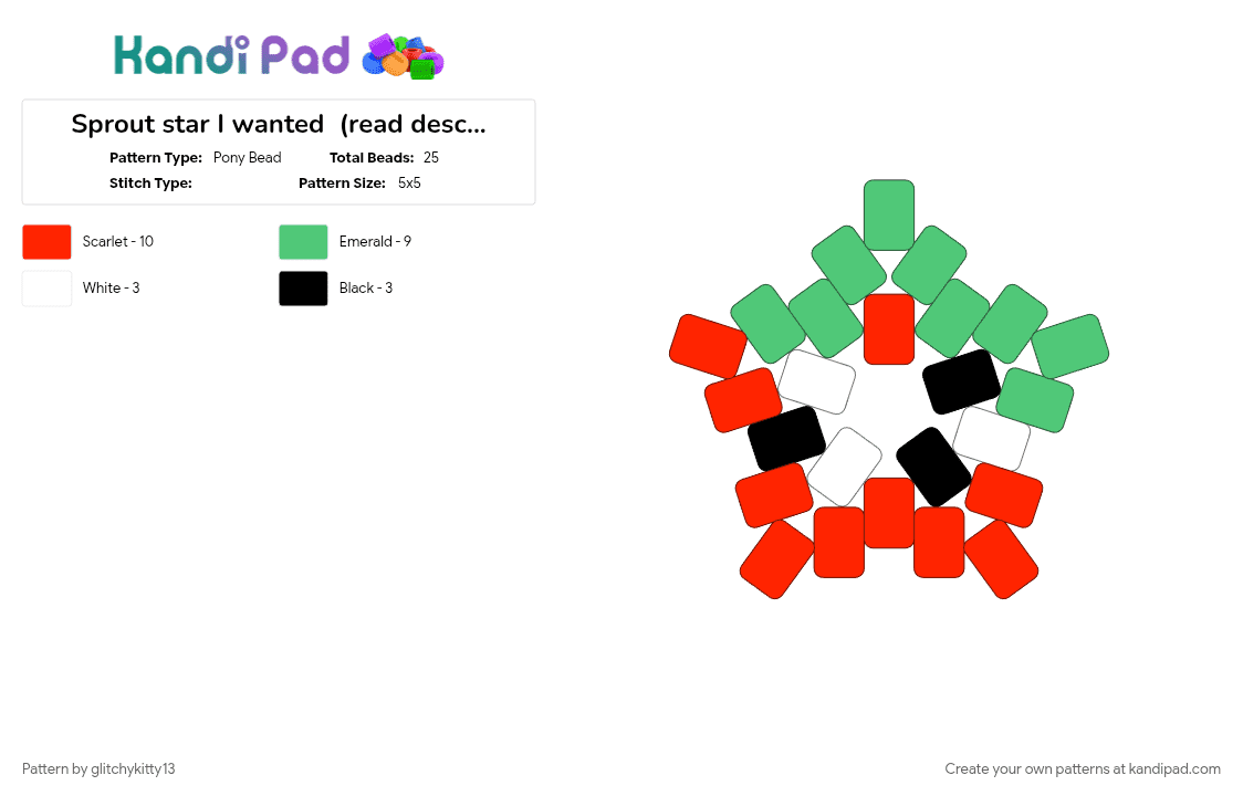 Sprout star I wanted  (read description) - Pony Bead Pattern by glitchykitty13 on Kandi Pad - dandys world, red, sprout, sprout dandys world, sprout dw, teal