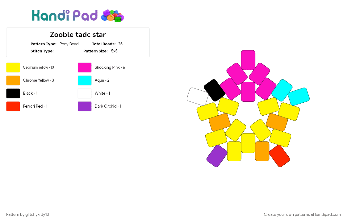 Zooble tadc star - Pony Bead Pattern by glitchykitty13 on Kandi Pad - pink, star, tadc, yellow, zooble, zooble tadc