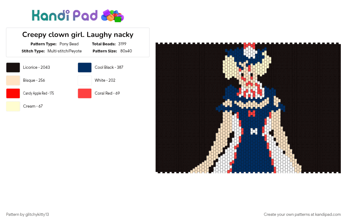 Creepy clown girl. Laughy nacky - Pony Bead Pattern by glitchykitty13 on Kandi Pad - character, circus, creepy, halloween costume inspired, oc