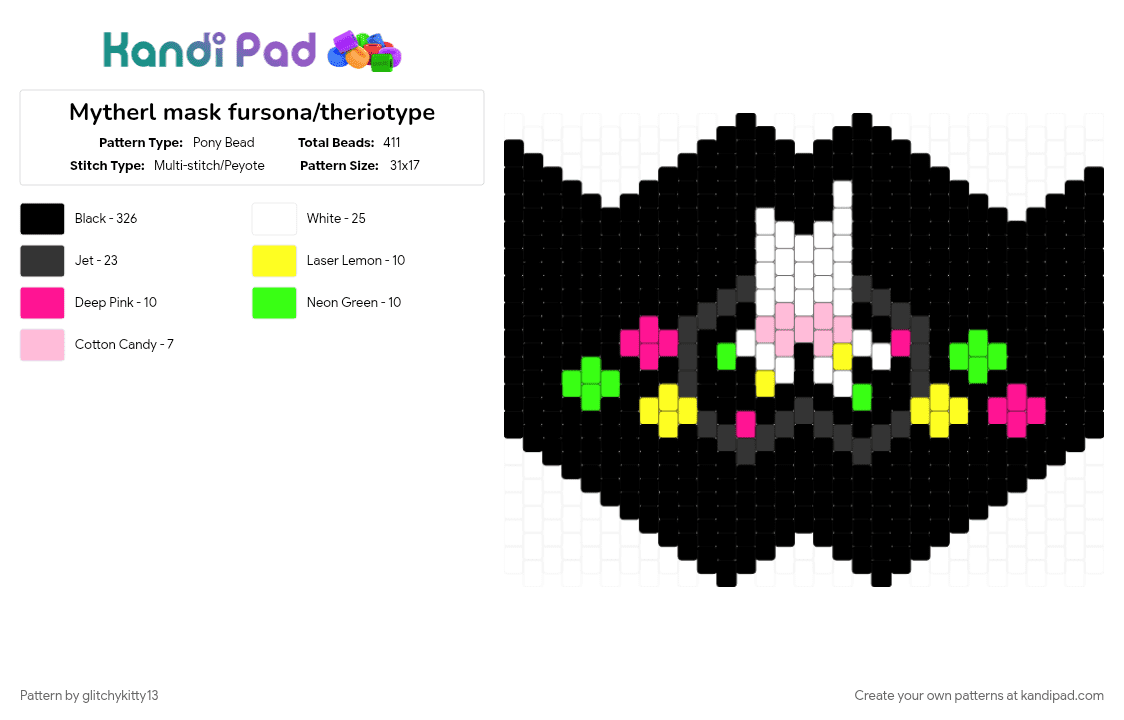 Mytherl mask fursona/theriotype - Pony Bead Pattern by glitchykitty13 on Kandi Pad - black, black cat, character, funny, fursona, mask, pink, scene kid
