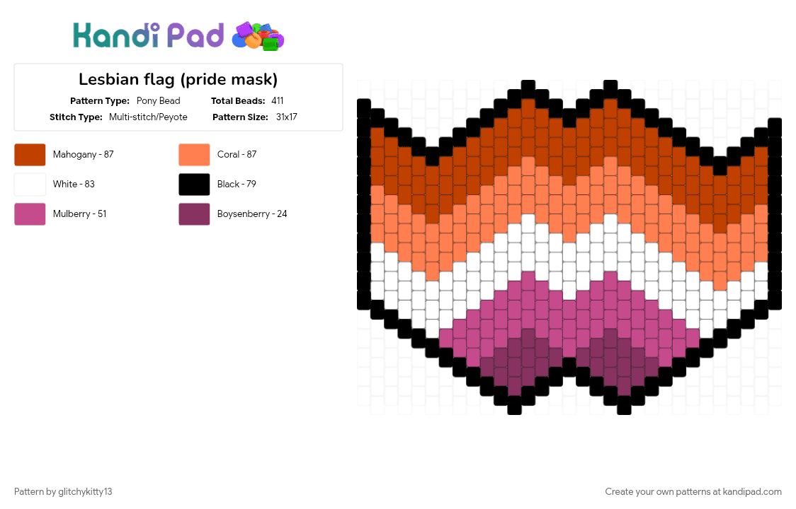 Lesbian flag (pride mask) - Pony Bead Pattern by glitchykitty13 on Kandi Pad - gay, lesbian, lesbian flag, mask, orange, pink, pride, red, white