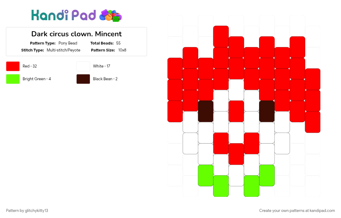 Dark circus clown. Mincent - Pony Bead Pattern by glitchykitty13 on Kandi Pad - character, circus, flat charm, oc, red