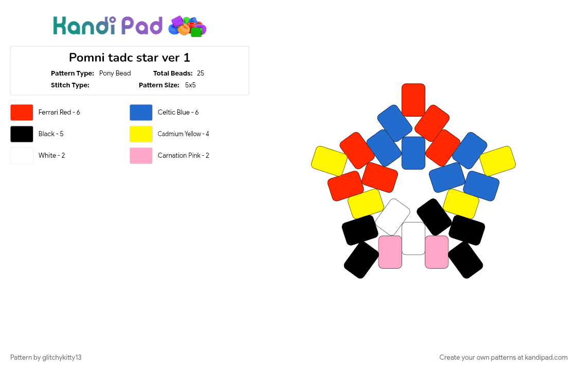 Pomni tadc star ver 1 - Pony Bead Pattern by glitchykitty13 on Kandi Pad - blue, jester, pomni, pomni tadc, red, star, tadc, yellow