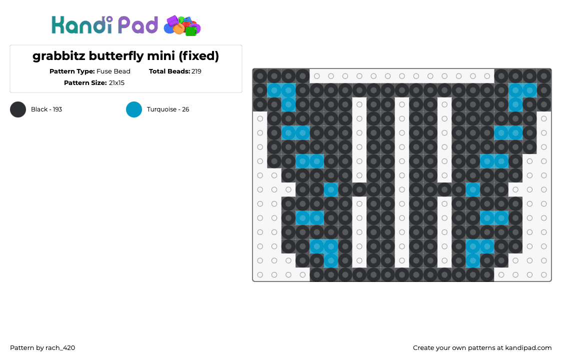 grabbitz butterfly mini (fixed) - Fuse Bead Pattern by rach_420 on Kandi Pad - grabbitz,logo,butterfly,music,dj,black,blue