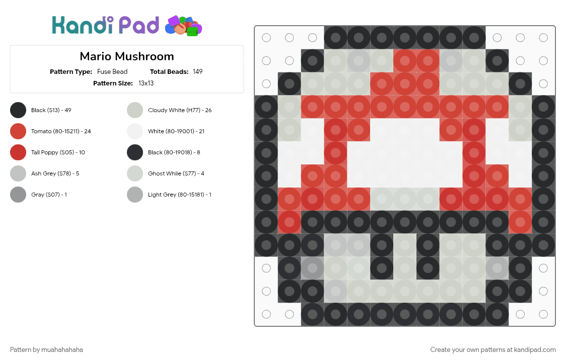 Mario Mushroom - Fuse Bead Pattern by muahahahaha on Kandi Pad - red, white