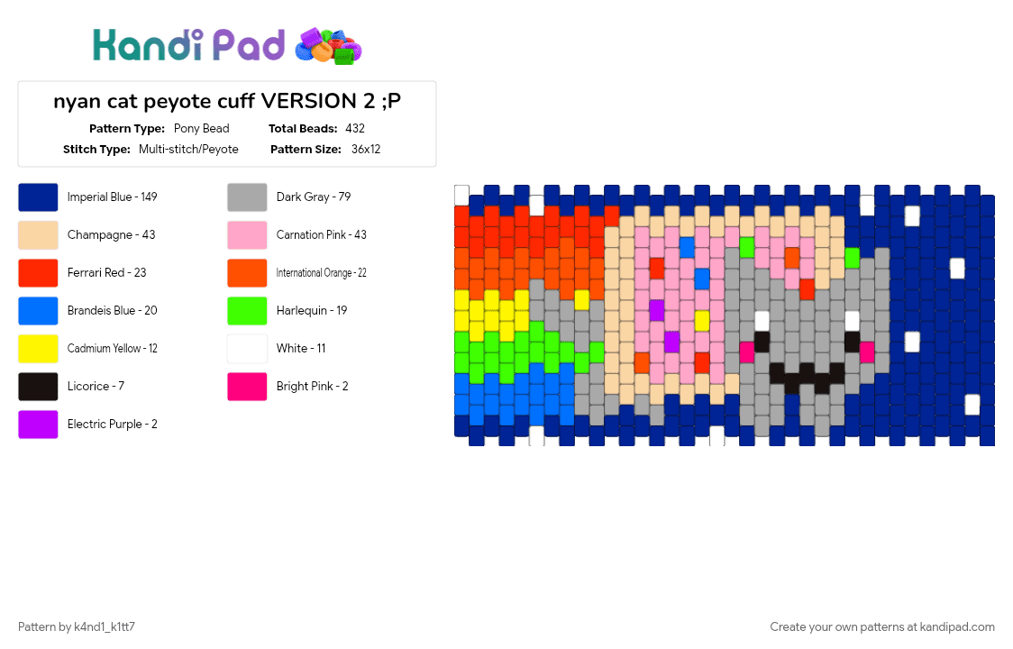 nyan cat peyote cuff VERSION 2 ;P - Pony Bead Pattern by k4nd1_k1tt7 on Kandi Pad - beige, nyan cat, purple, scenecore