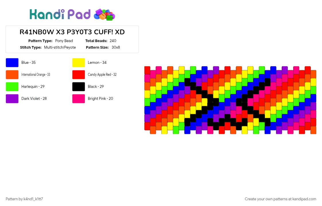 R41NB0W X3 P3Y0T3 CUFF! XD - Pony Bead Pattern by k4nd1_k1tt7 on Kandi Pad - 