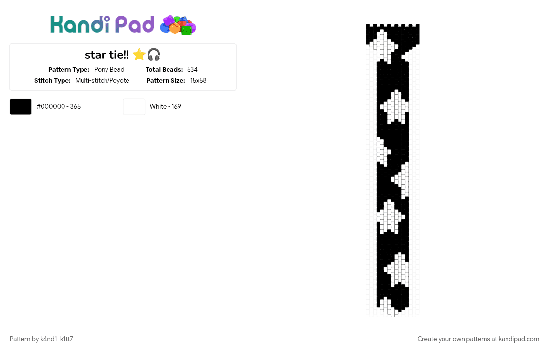 star tie!! ⭐🎧 - Pony Bead Pattern by k4nd1_k1tt7 on Kandi Pad - black, scene, star, white