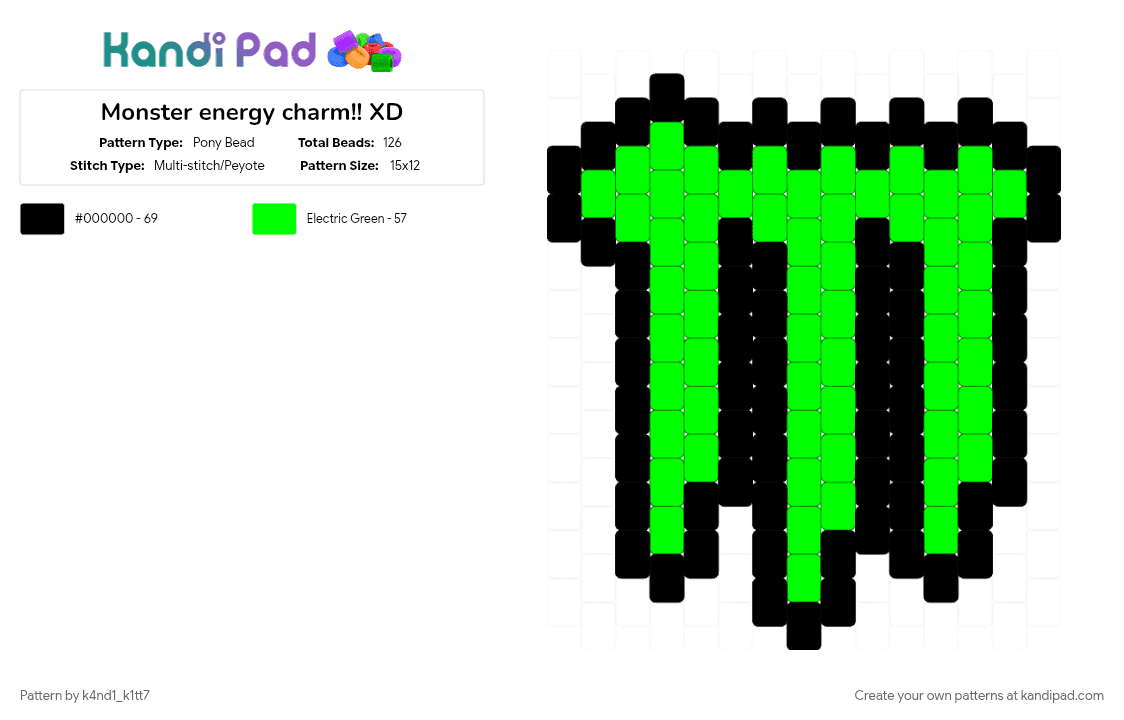 Monster energy charm!! XD - Pony Bead Pattern by k4nd1_k1tt7 on Kandi Pad - black, green, monster, scenecore