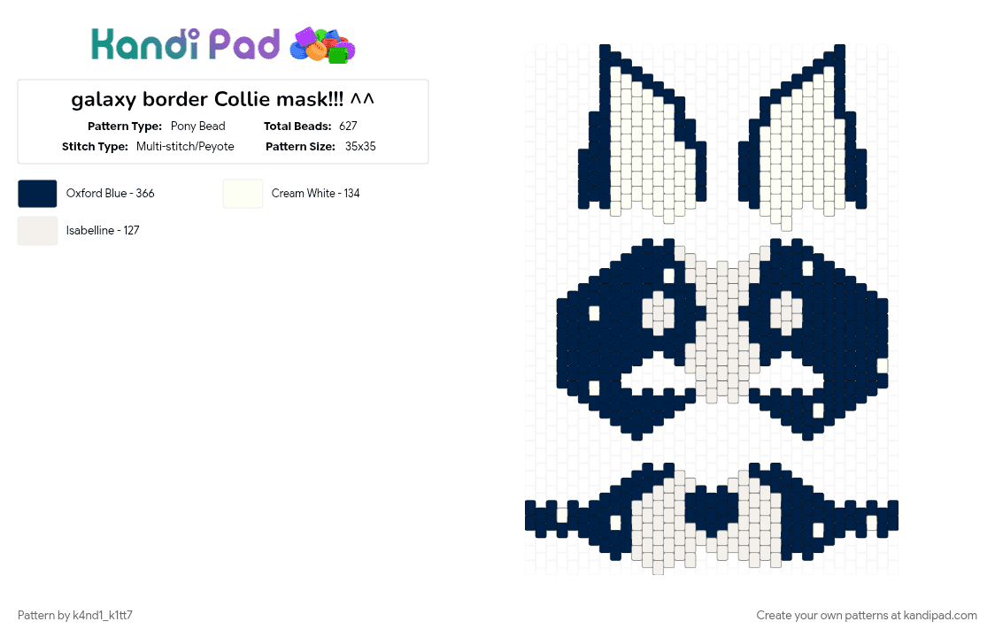 galaxy border Collie mask!!! ^^ - Pony Bead Pattern by k4nd1_k1tt7 on Kandi Pad - blue, bordercollie, mask, therian, white