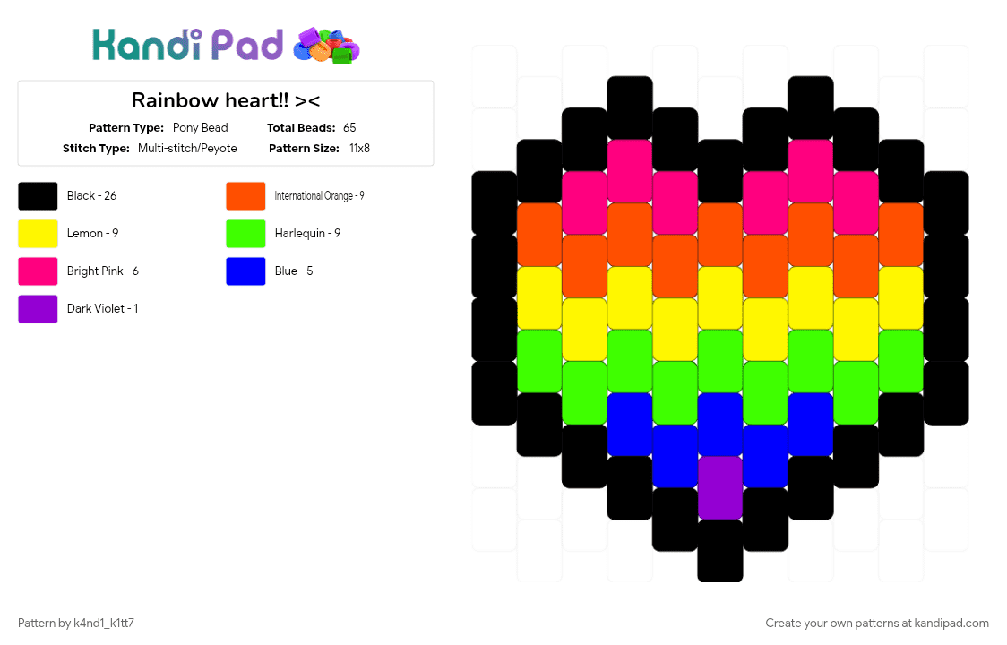 Rainbow heart!! > - Pony Bead Pattern by k4nd1_k1tt7 on Kandi Pad - colorful, green, heart, orange, rainbow, scenecore, yellow