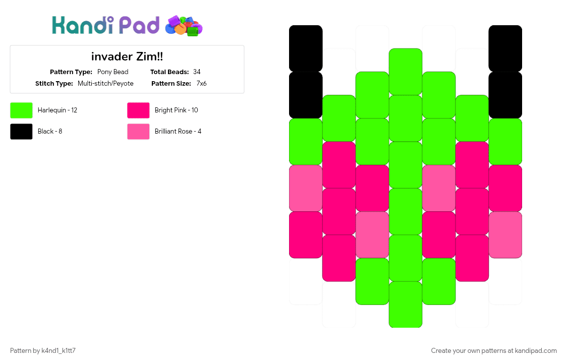 invader Zim!! - Pony Bead Pattern by k4nd1_k1tt7 on Kandi Pad - alien, green, invader zim, pink, scenecore