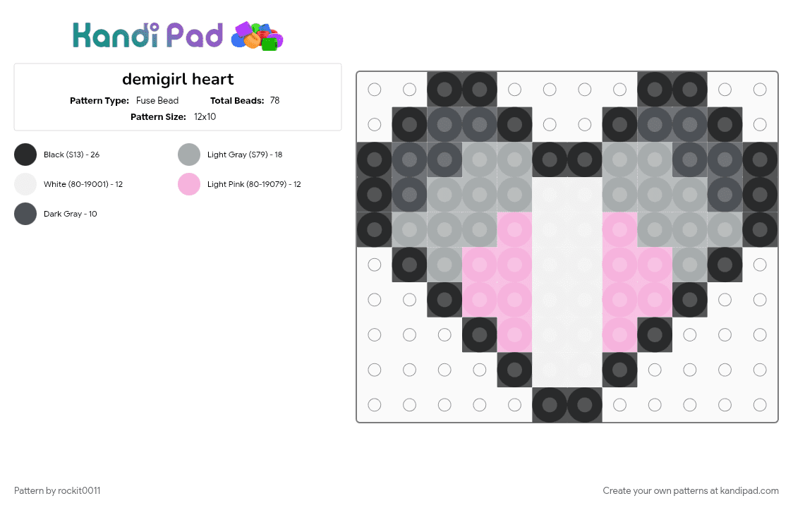 demigirl heart - Fuse Bead Pattern by rockit0011 on Kandi Pad - gray, pink