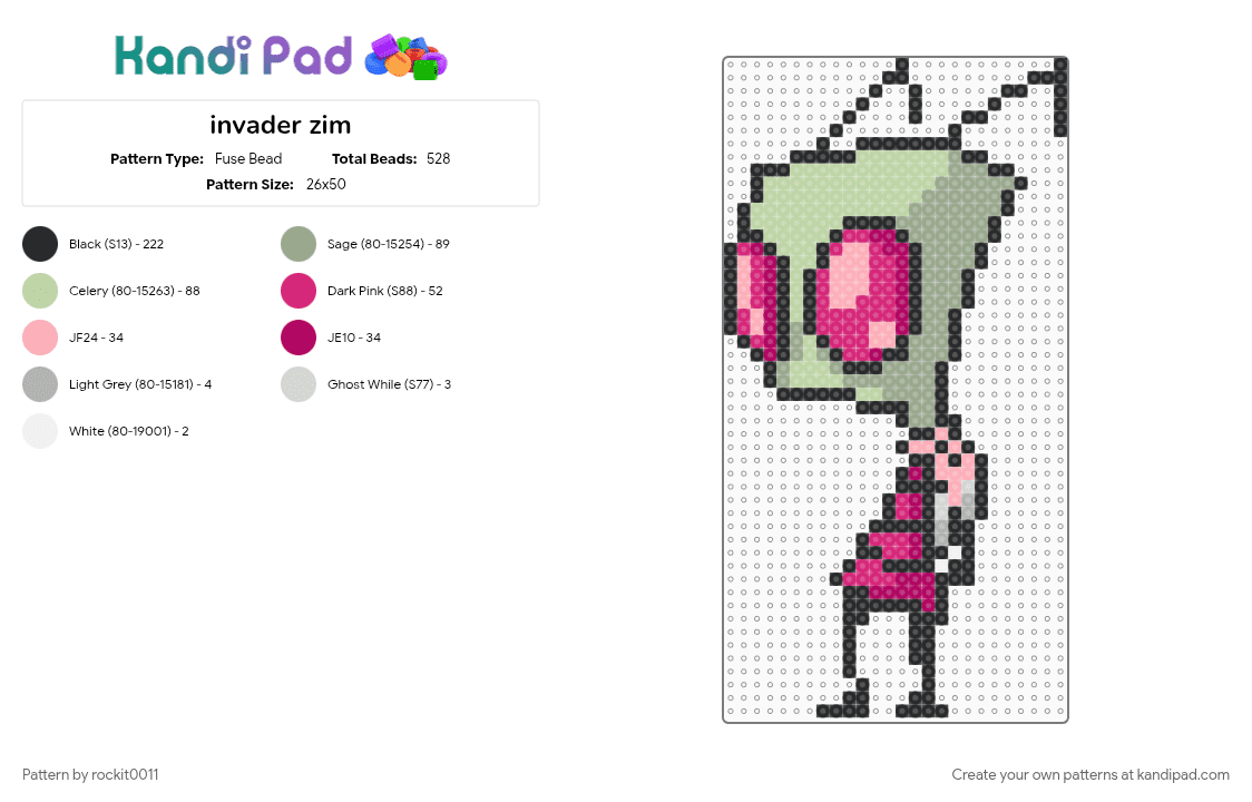 invader zim - Fuse Bead Pattern by rockit0011 on Kandi Pad - gray, pink, yellow