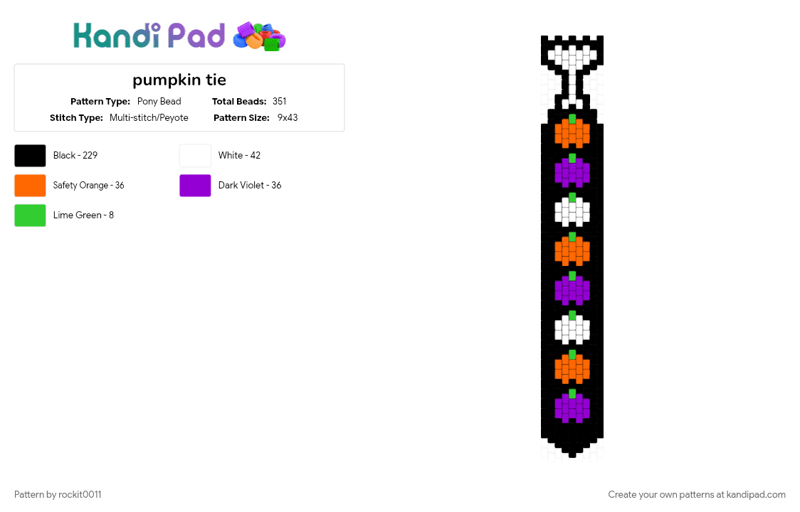pumpkin tie - Pony Bead Pattern by rockit0011 on Kandi Pad - black, orange, purple