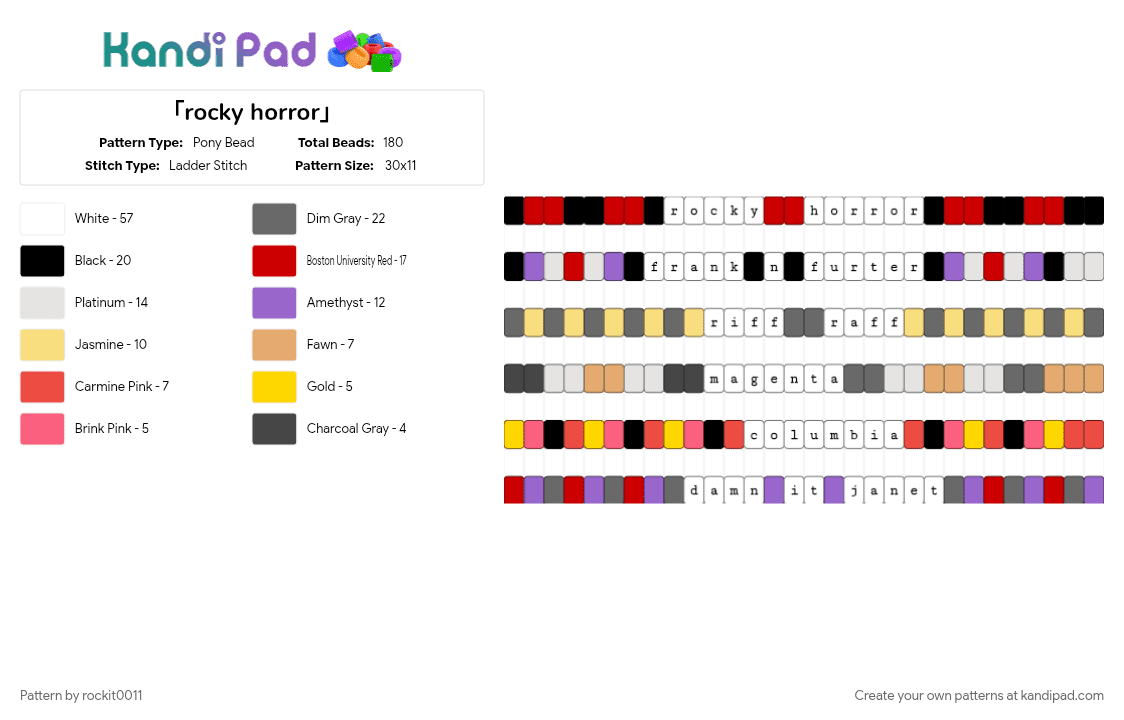 「rocky horror」 - Pony Bead Pattern by rockit0011 on Kandi Pad - gray, red, white, yellow