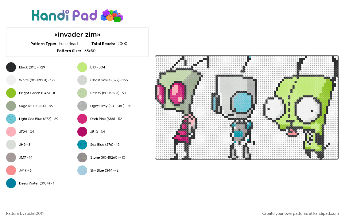 «invader zim» - Fuse Bead Pattern by rockit0011 on Kandi Pad - gray, green, pink, yellow