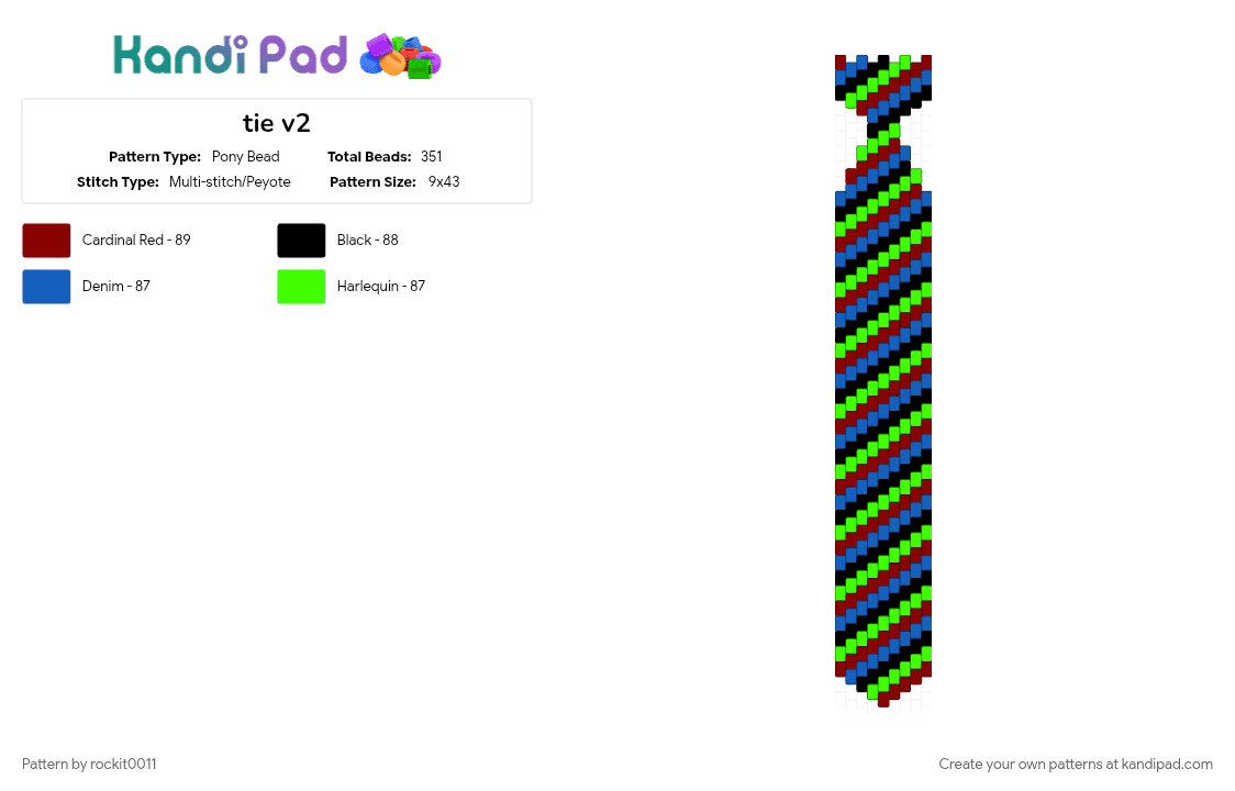 tie v2 - Pony Bead Pattern by rockit0011 on Kandi Pad - blue, green, red