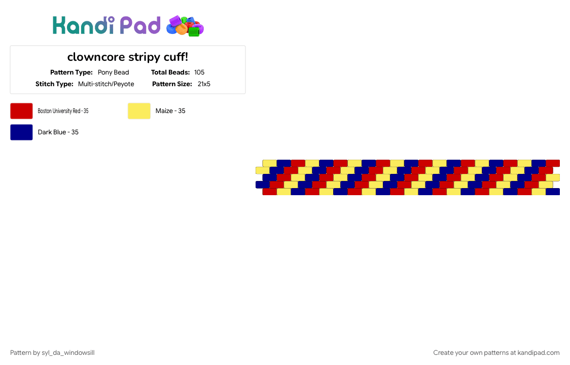clowncore stripy cuff! - Pony Bead Pattern by syl_da_windowsill on Kandi Pad - blue, clowncore, peyote cuff, purple, red, yellow