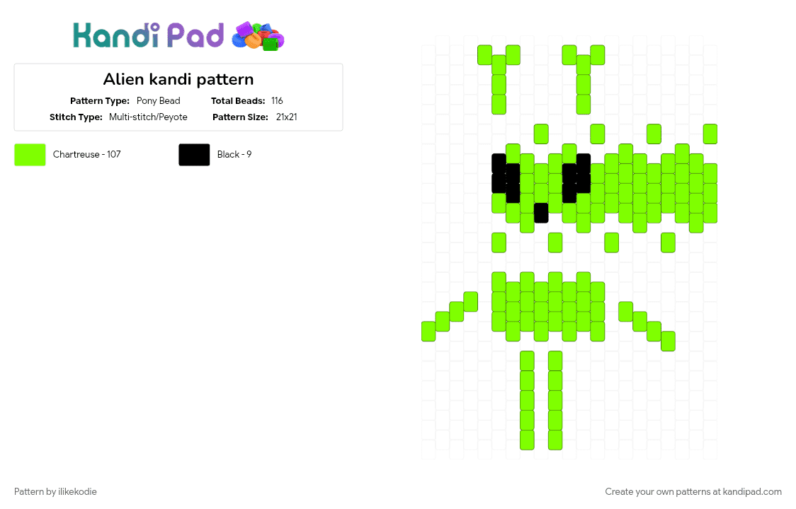 Alien kandi pattern - Pony Bead Pattern by ilikekodie on Kandi Pad - alien, green, kandi doll, multistitch