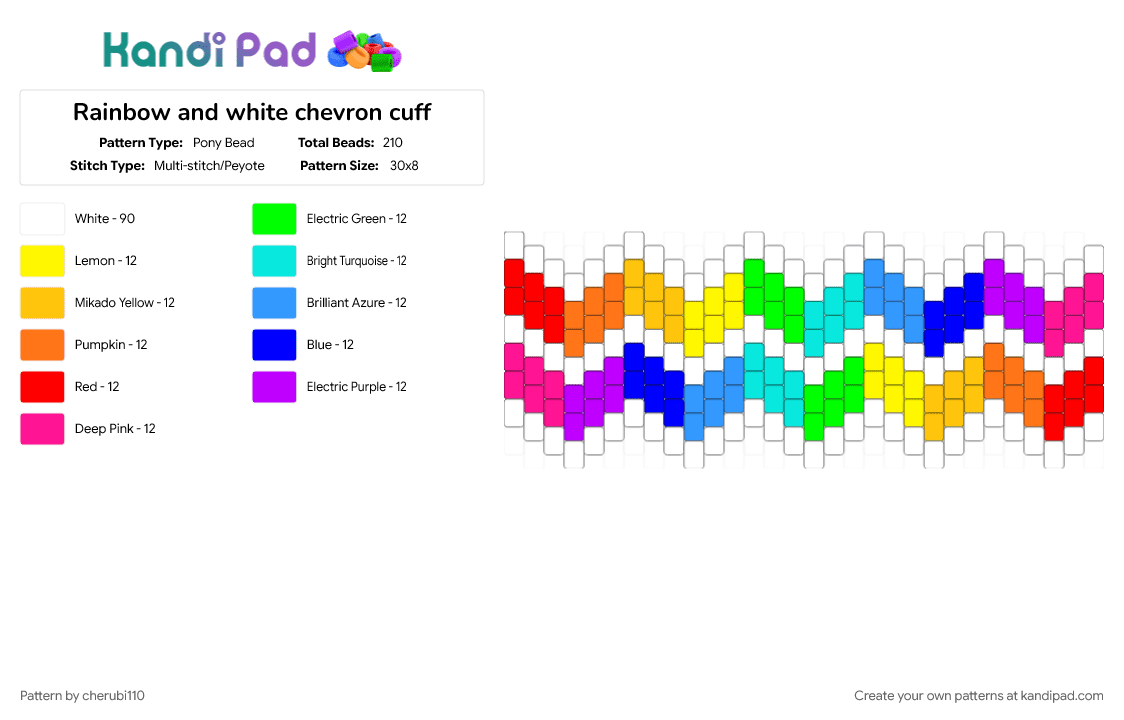 Rainbow and white chevron cuff - Pony Bead Pattern by cherubi110 on Kandi Pad - bracelet, colorful, cotdchevrons, cuff pattern, cuffs, geometric, light blue, purple, rainbow, repeating, white, yellow