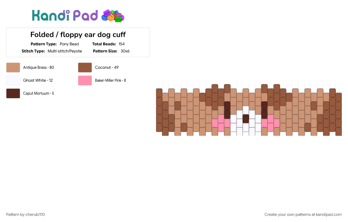 Brown folded / floppy ear dog cuff - Pony Bead Pattern by cherubi110 on Kandi Pad - animal, animals, beige, brown, cuff pattern, cuffs, cute, dog, puppy, tan