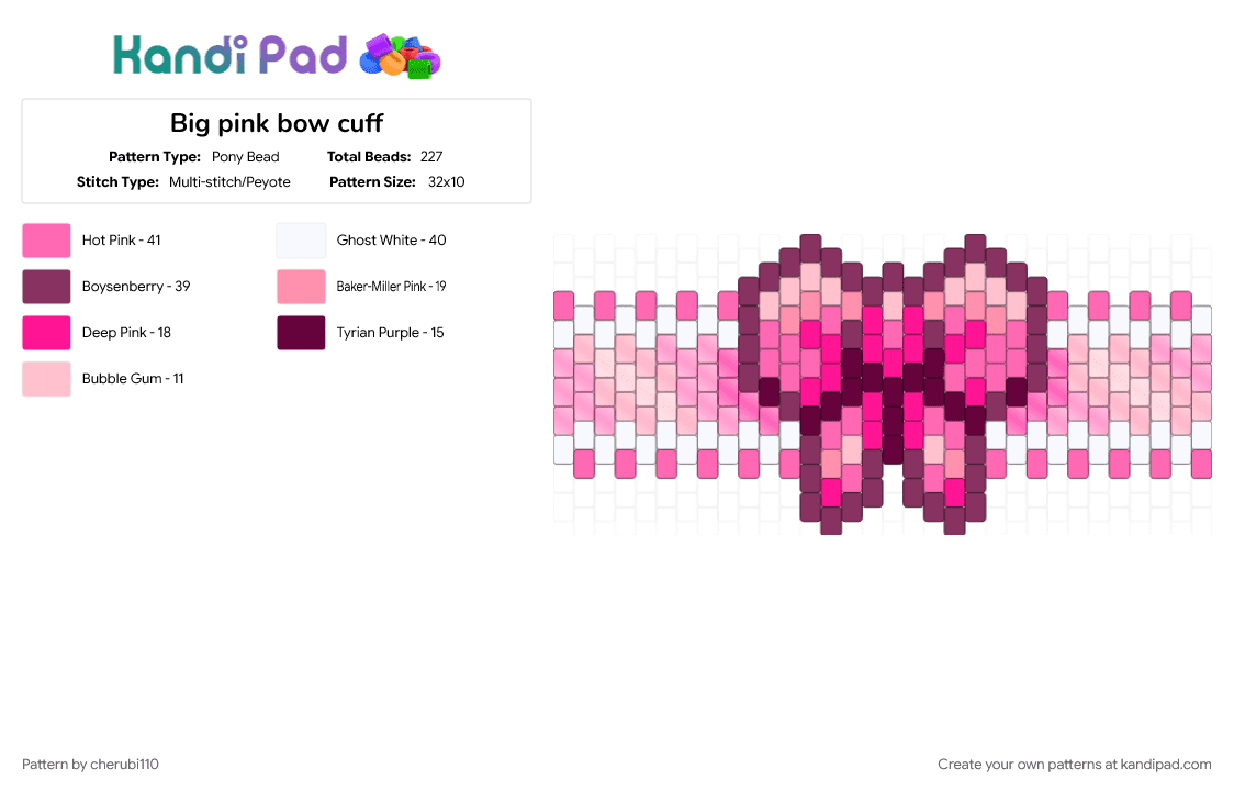 Big pink bow cuff - Pony Bead Pattern by cherubi110 on Kandi Pad - bow, cotdbows, cuff pattern, cuffs, cute, kawaii, pink, pink and white