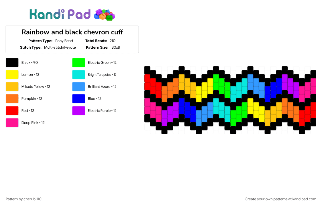 Rainbow and black chevron cuff - Pony Bead Pattern by cherubi110 on Kandi Pad - black, bracelet, colorful, cotdchevrons, cuff pattern, cuffs, geometric, light blue, purple, rainbow, repeating, yellow