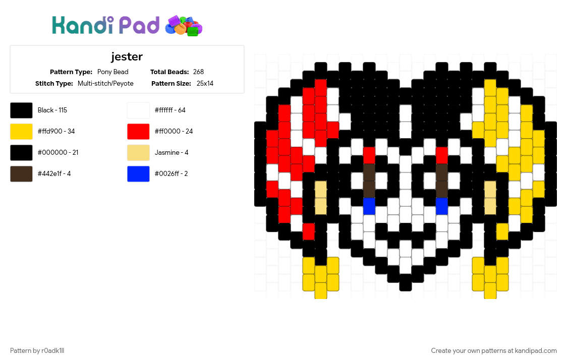 jester - Pony Bead Pattern by r0adk1ll on Kandi Pad - black, jester, red, white, yellow