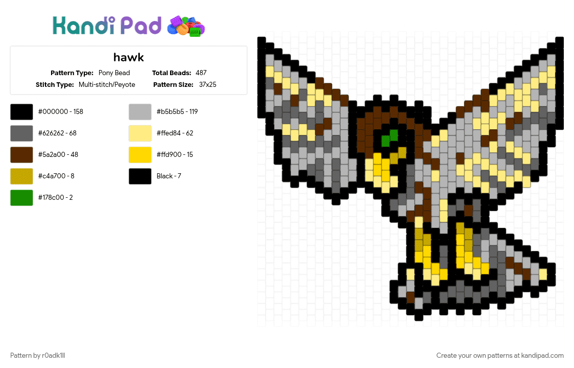hawk - Pony Bead Pattern by r0adk1ll on Kandi Pad - animal, beige, bird, gray, hawk, yellow
