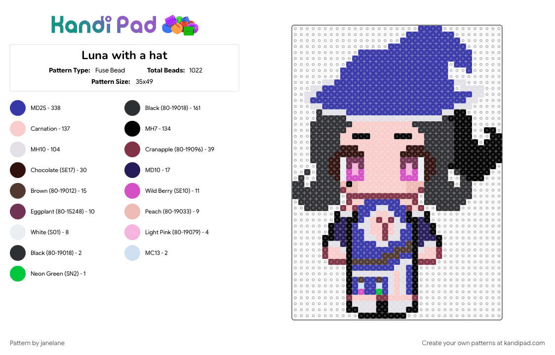 Luna with a hat - Fuse Bead Pattern by janelane on Kandi Pad - beige, purple