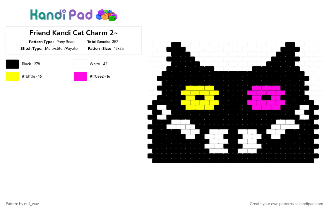 Friend Kandi Cat Charm 2~ - Pony Bead Pattern by null_wav on Kandi Pad - black, cat, darkner, deltarune, friend, horizontal, kandi charm, pink, smile, sprite, yellow